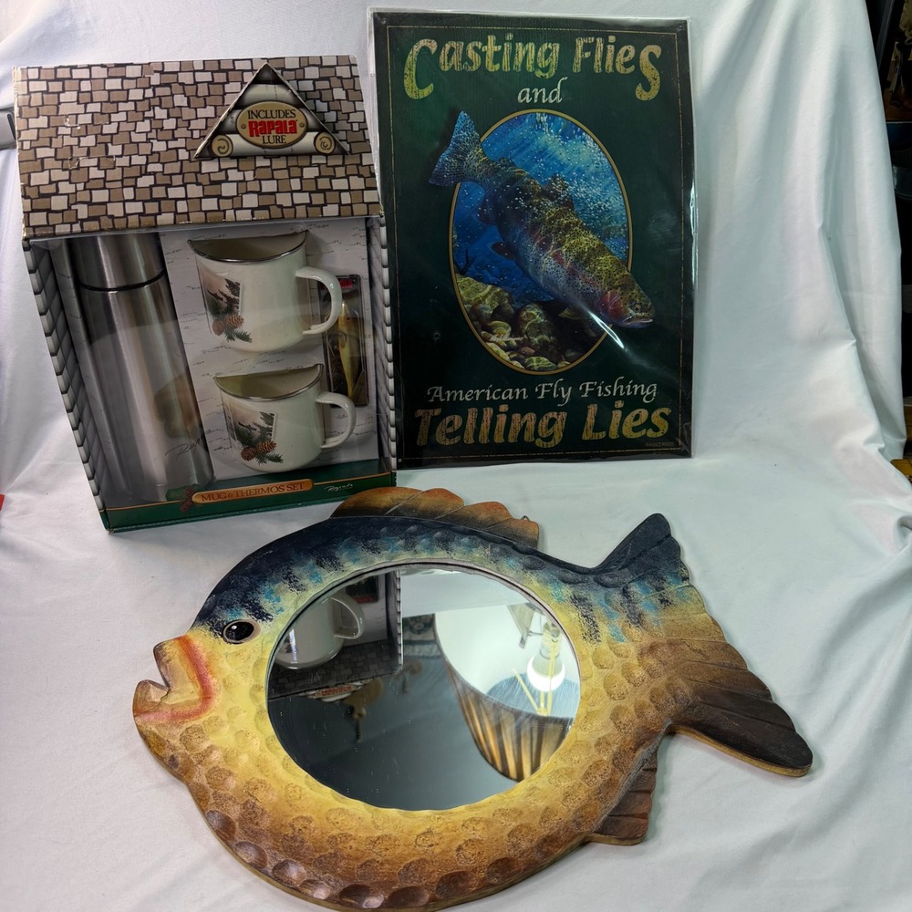 Fishing Decor Bundle Rapala Thermos Mug Set Wild Wings Tin Sign Fish Wall Mirror
